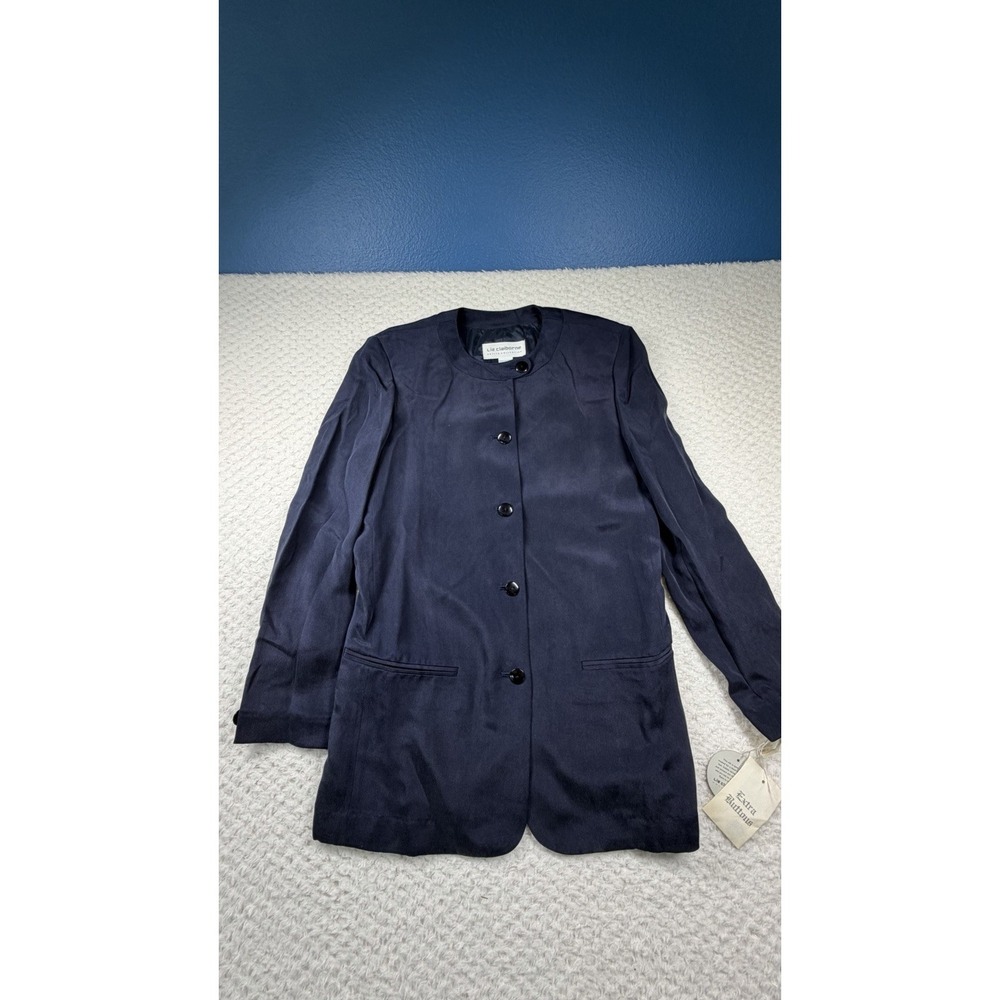 Vintage NWT Liz Claiborne 100% Silk Black Blazer dress Coat Mandarin Collar 4P